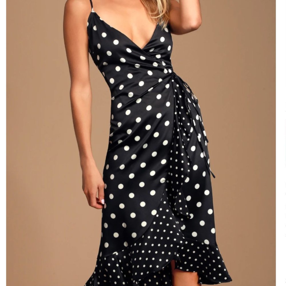 Satin polka-dot midi wrap dress